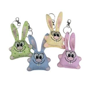 Hand Crafted Plush Keychain Stuffed Bunny Bag Charm Silver Key Ring Pink Blue